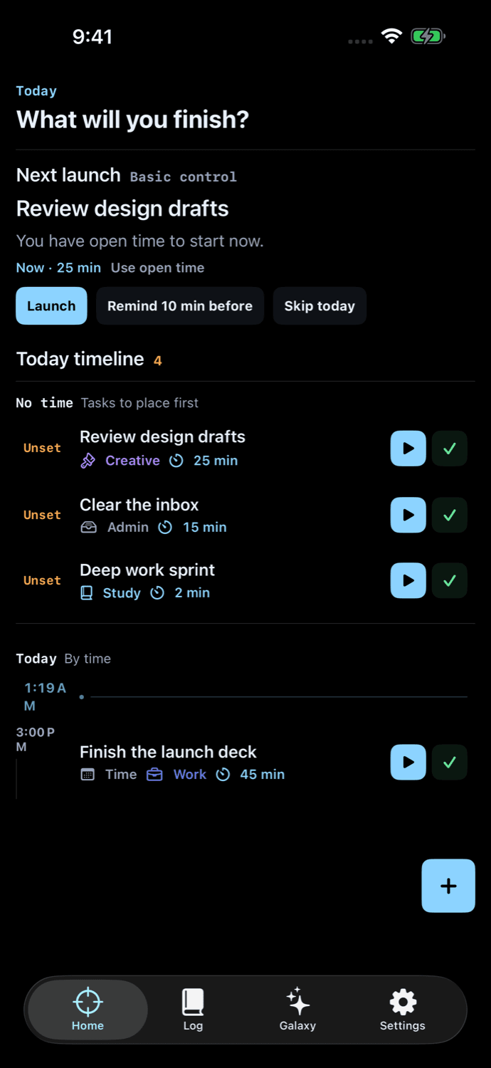 Apsis home screen — today's timeline and the next suggested launch