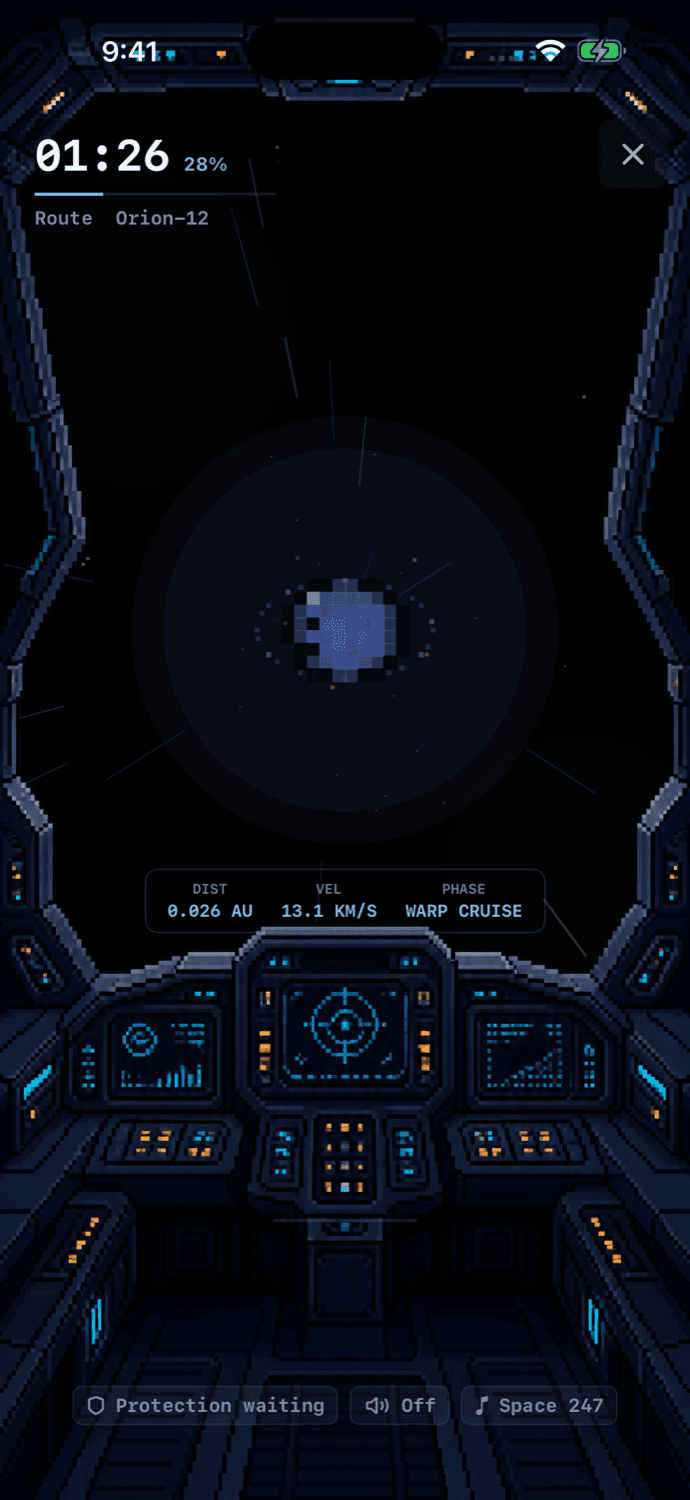 Apsis focus voyage — pixel starship cockpit with time remaining